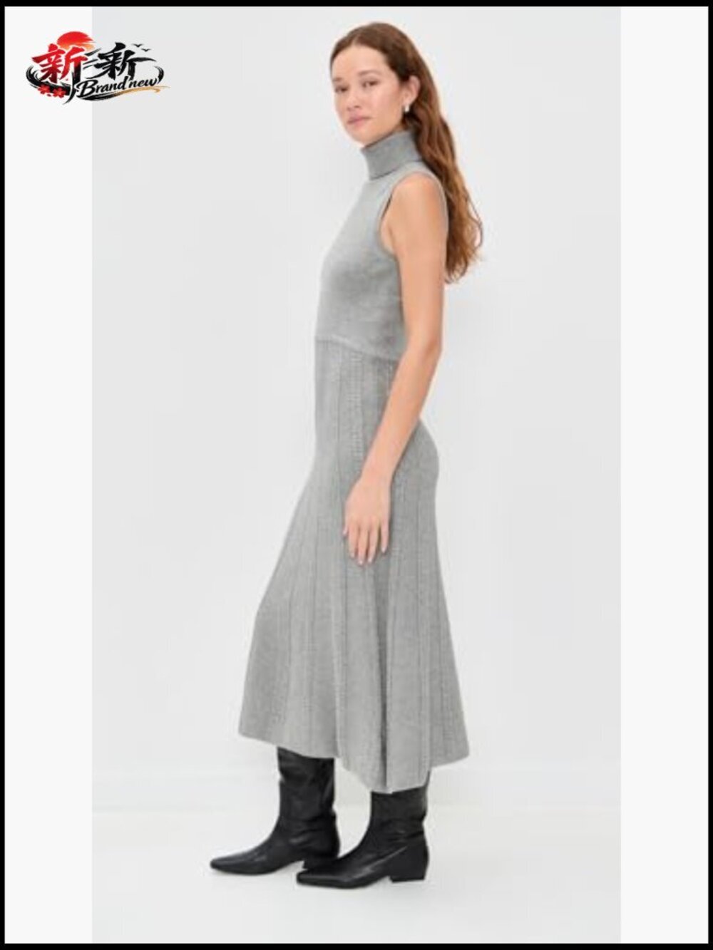 Mid-weight Stretch Knit Fit & Flare Midi Dress with Turtle Neck - Picture 4 of 6